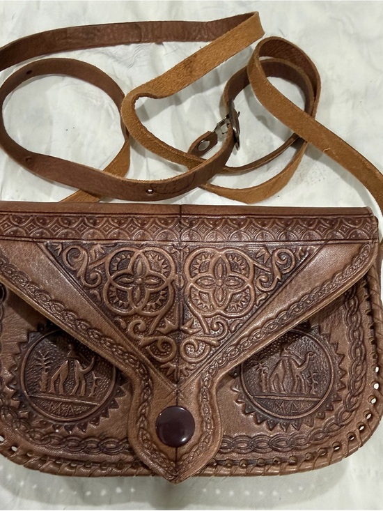 Handbags - Hand-Tooled Brown Leather Crossbody Bag